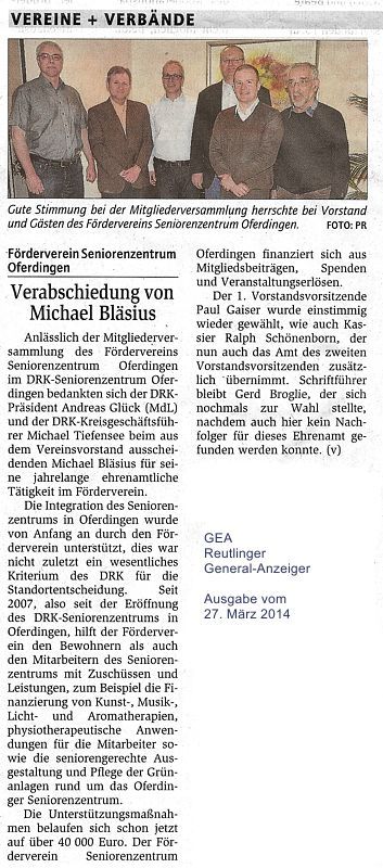 Artikel im GEA - Reutlinger Generalanzeiger, Ausgabe 27.03.2013