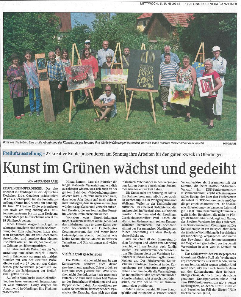 Vorbericht über Kunst im Grünen im GEA - Reutlinger Generalanzeiger vom 06.06.2018