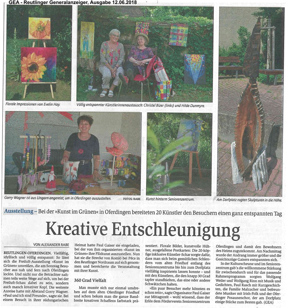Veranstaltungsbericht über Kunst im Grünen im GEA - Reutlinger Generalanzeiger vom 06.06.2018