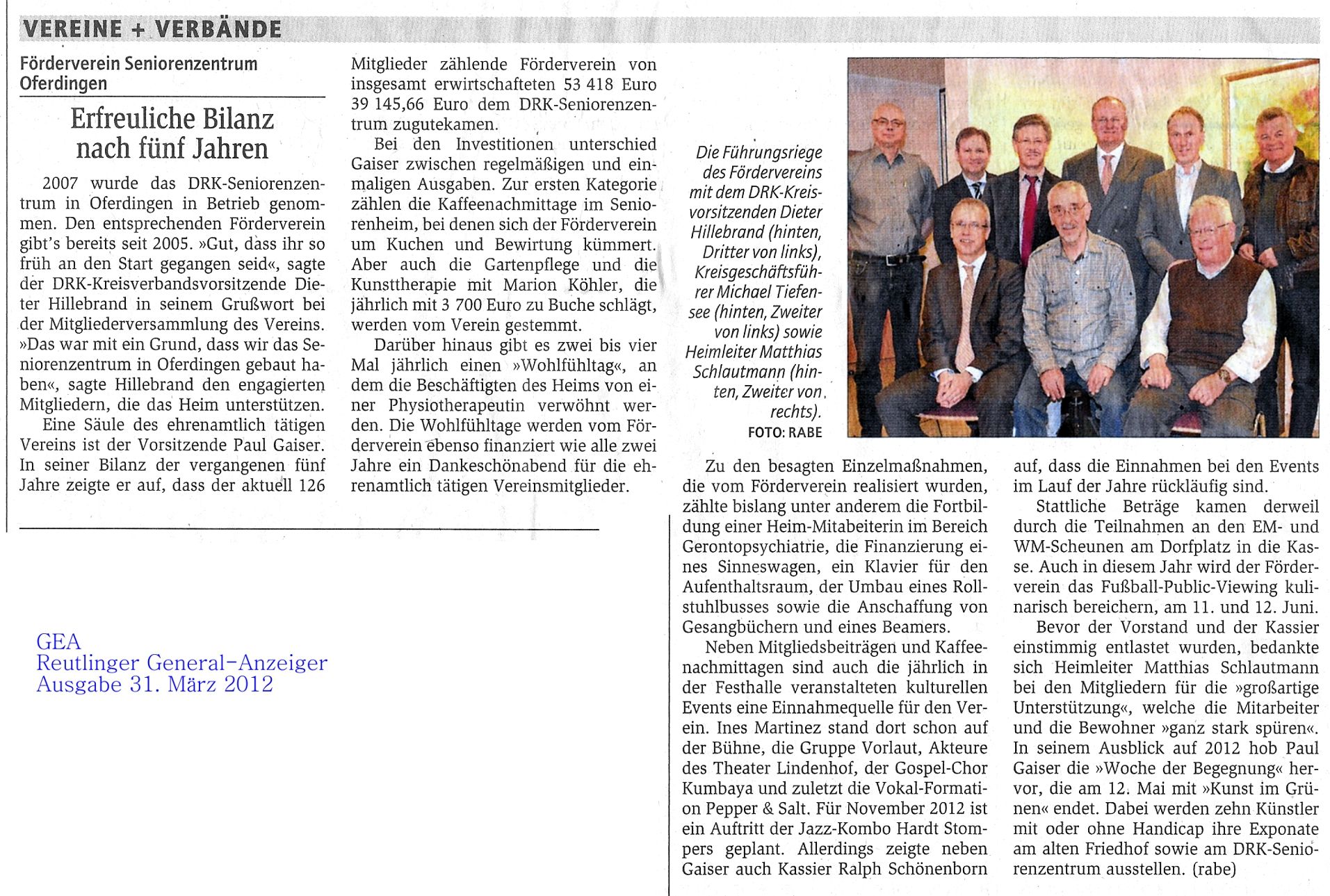 GEA-Artikel über die Mitgliederversammlung 27.03.2012 des Fördervereins Seniorenezentrum Oferdingen e.V.